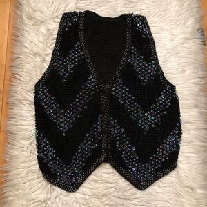 Vintage 3D Sequin Chevron Glam Mermaid Sparkle Button Black Knit Vest size M